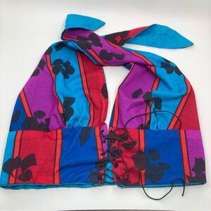 Vintage retro floral lace up halter top crop colorblock blue purple S M